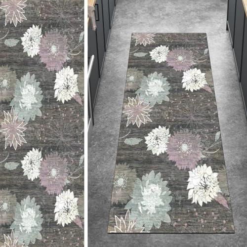 Ymural Läufer Flur rutschfest Küche Grau Blume Muster 90x150CM Teppichläufer Lang Läuferflur Meterware Kurzflor Polyester Korridor Schlafzimmer von Ymural
