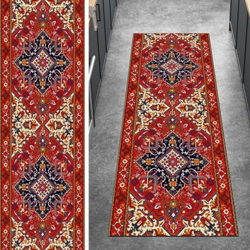 Ymural Läufer Flur rutschfest Meterware Rot 90x300CM Klassisch Teppichläufer Waschbar Küchenläufer Kurzflor Polyester Korridor Schlafzimmer von Ymural