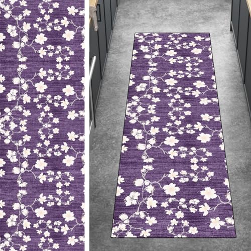 Ymural Läufer Flur rutschfest Teppich Küche 120x180CM Lila rutschfest Lang Blumen Muster Meterware Kurzflor Polyester Korridor Schlafzimmer, Anpassbar von Ymural