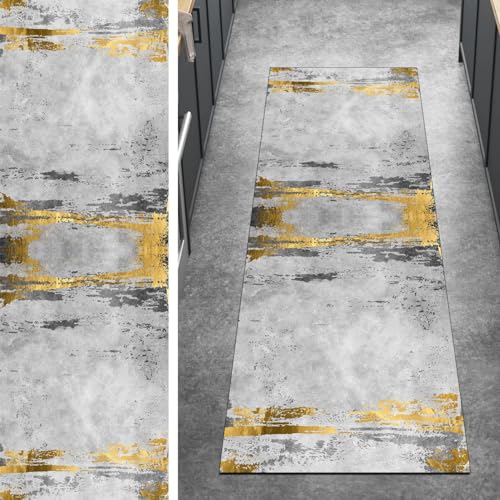 Ymural Läufer Flur rutschfest Teppich Küche 40x200CM Grau Gold Teppichläufer Lang Abstrakt Teppichmatten Meterware Kurzflor Polyester Korridor Schlafzimmer, Anpassbar Breite 40-120cm von Ymural