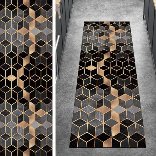 Ymural Läufer Flur rutschfest Teppich Küche 40x60CM Schwarz Grau Teppichläufer Waschbar Lang Geometrisch Teppichmatten Meterware Kurzflor Polyester Korridor Schlafzimmer, Anpassbar Breite 40-120cm von Ymural