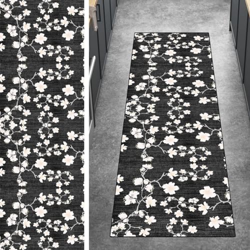 Ymural Läufer Flur rutschfest Teppich Küche 50x80CM Schwarz rutschfest Lang Blumen Muster Meterware Kurzflor Polyester Korridor Schlafzimmer, Anpassbar von Ymural