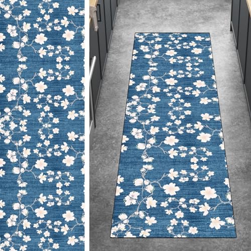 Ymural Läufer Flur rutschfest Teppich Küche 60x150CM Blau rutschfest Lang Blumen Muster Meterware Kurzflor Polyester Korridor Schlafzimmer, Anpassbar von Ymural