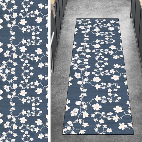 Ymural Läufer Flur rutschfest Teppich Küche 80x180CM Navy Blau rutschfest Lang Blumen Muster Meterware Kurzflor Polyester Korridor Schlafzimmer, Anpassbar von Ymural