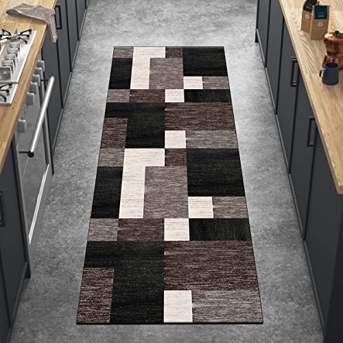 Ymural Läufer Teppich Flur Lang rutschfest Meterware Schwarz Braun 120x550CM Küchen Patchwork Teppichläufer Waschbar Kurzflor Küchenläufer Polyester Korridor Schlafzimmer, Anpassbar von Ymural