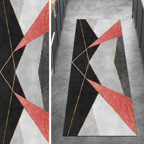 Ymural Läufer Teppich Flur rutschfest Meterware Lang 80x330CM Rot Patchwork Teppichläufer Küchenteppich Waschbar Kurzflor Polyester Korridor Schlafzimmer Anpassbar von Ymural