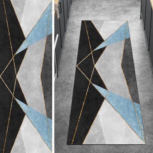 Ymural Läufer Teppich Flur rutschfest Meterware Lang 90x550CM Hell Blau Patchwork Teppichläufer Küchenteppich Waschbar Kurzflor Polyester Korridor Schlafzimmer Anpassbar von Ymural