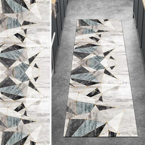 Ymural Läufer Teppich Lang Grau Grün rutschfest 80x90CM Geometrisch Küchenläufer Teppichläufer Waschbar Meterware Kurzflor Polyester Korridor Schlafzimmer von Ymural