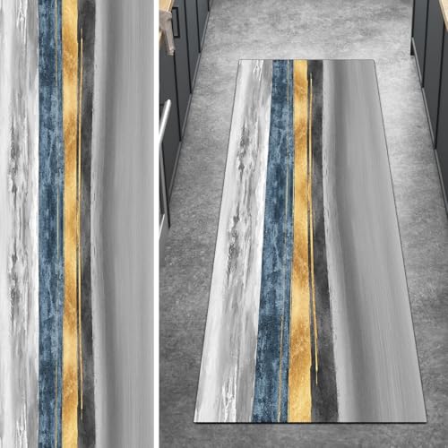 Ymural Läufer rutschfest Waschbar, Lang Grau Blau Gold 80x600CM Abstrakt Küchenläufer Teppichläufer Küche Meterware Kurzflor Polyester Korridor Schlafzimmer von Ymural