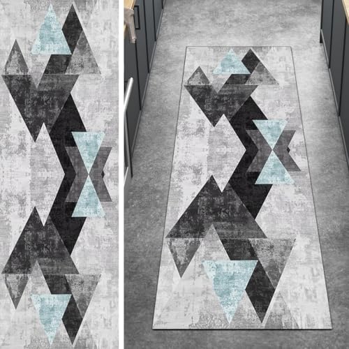 Ymural Lang Kücheläufer rutschfest Meterware Grau Blau 60x250CM Geometrisch Küche Teppich Läufer Flur Waschbar Kurzflor Polyester Korridor Schlafzimmer von Ymural
