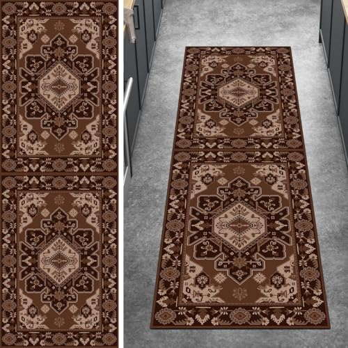 Ymural Teppich Läufer Flur 70x350CM Braun Kücheläufer Teppichläufer Lang rutschfest Waschbar Vintage Meterware Kurzflor Polyester Korridor Schlafzimmer Anpassbar von Ymural