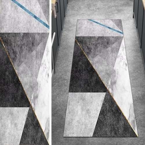 Ymural Teppich Läufer Flur Grau, rutschfest Waschbar Lang 90x300CM Geometrisch Küchenläufer Teppichläufer Küche Meterware Kurzflor Polyester Korridor Schlafzimmer von Ymural