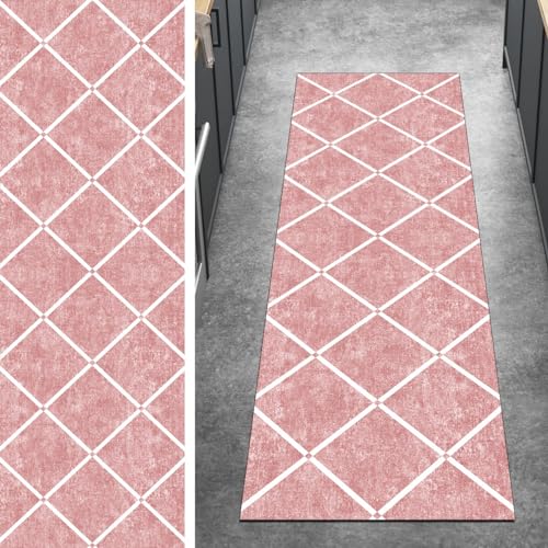 Ymural Teppich Läufer Flur Lang Gitter Kücheläufer 50x180CM Rosa Kücheläufer rutschfest Teppichmatten Teppichläufer Waschbar Kurzflor Polyester Korridor Schlafzimmer, Anpassbar Breite 40-120cm von Ymural