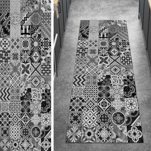 Ymural Teppich Läufer Flur rutschfest Boho, 40x450CM Schwarz Teppichläufer Küchenteppich Lang Waschbar Kurzflor Polyester Korridor Schlafzimmer Anpassbar von Ymural
