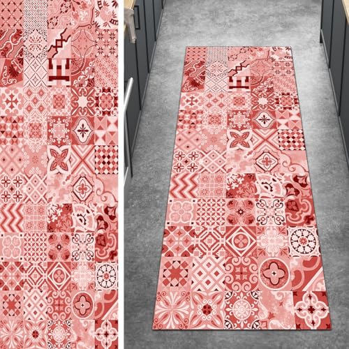 Ymural Teppich Läufer Flur rutschfest Boho, 50x330CM Rot Teppichläufer Küchenteppich Lang Waschbar Kurzflor Polyester Korridor Schlafzimmer Anpassbar von Ymural