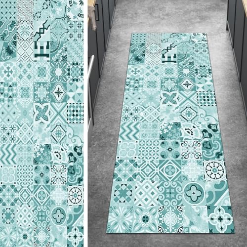 Ymural Teppich Läufer Flur rutschfest Boho, 60x240CM Cyan rutschfest Lang 3D Meterware Kurzflor Polyester Korridor Schlafzimmer Anpassbar von Ymural