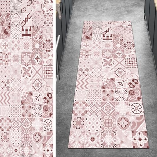 Ymural Teppich Läufer Flur rutschfest Boho, 60x400CM Rosa rutschfest Lang Boho Meterware Kurzflor Polyester Korridor Schlafzimmer Anpassbar von Ymural