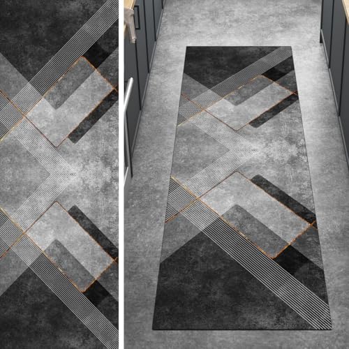Ymural Teppich Läufer Flur rutschfest Küche 40x280CM Schwarz Kücheläufer Teppichläufer Lang Modern Meterware Kurzflor Polyester Korridor Schlafzimmer Anpassbar von Ymural