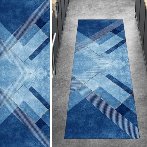 Ymural Teppich Läufer Flur rutschfest Küche 60x150CM Blau Kücheläufer Teppichläufer Lang Modern Meterware Kurzflor Polyester Korridor Schlafzimmer Anpassbar von Ymural