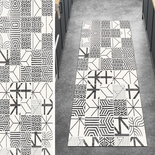 Ymural Teppich Läufer Flur rutschfest Lang Grau Schwarz 40x80CM Boho Küchenläufer Teppichläufer Waschbar Meterware Kurzflor Polyester Korridor Schlafzimmer von Ymural