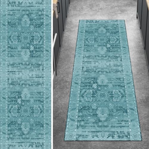 Ymural Teppich Läufer Flur rutschfest Meterware, 120x600CM Cyan rutschfest Lang 3D Meterware Kurzflor Polyester Korridor Schlafzimmer Anpassbar von Ymural