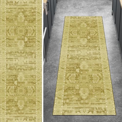 Ymural Teppich Läufer Flur rutschfest Meterware, 60x80CM Gelb Vintage Teppichläufer Küchenteppich Lang Waschbar Kurzflor Polyester Korridor Schlafzimmer Anpassbar von Ymural
