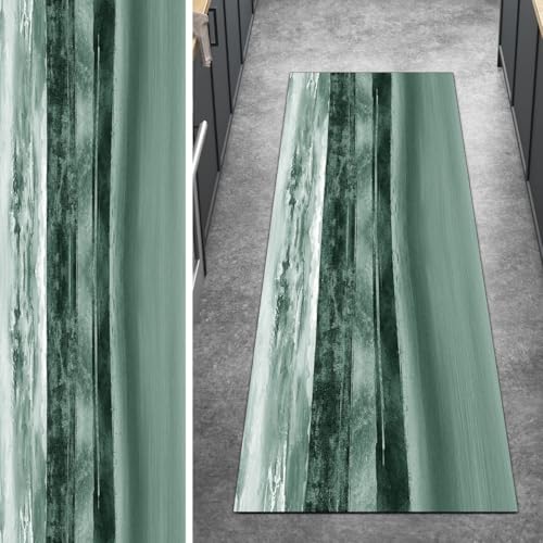 Ymural Teppich Läufer Flur rutschfest Meterware Kücheläufer 100x600CM Dunkle Grün Abstrakt Küchenteppich Lang Waschbar Kurzflor Polyester Korridor Schlafzimmer Anpassbar von Ymural