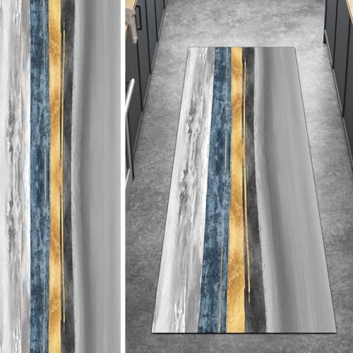 Ymural Teppich Läufer Flur rutschfest Meterware Kücheläufer 80x250CM Grau Gold Abstrakt Küchenteppich Lang Waschbar Kurzflor Polyester Korridor Schlafzimmer Anpassbar von Ymural