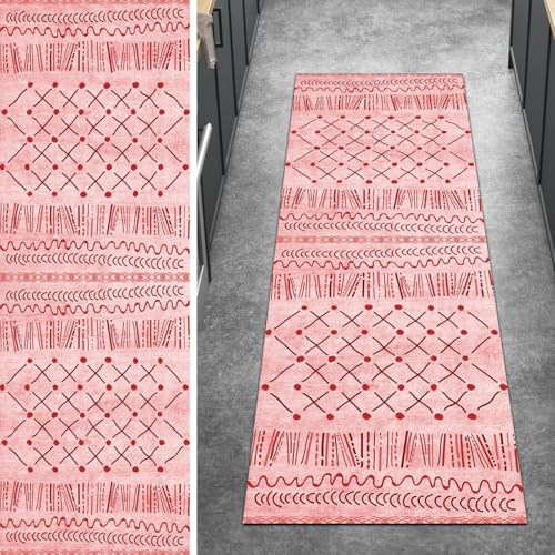 Ymural Teppich Läufer Flur rutschfest Meterware Teppichläufer 50x90CM Rot Boho Küchenteppich Lang Waschbar Kurzflor Polyester Korridor Schlafzimmer Anpassbar von Ymural