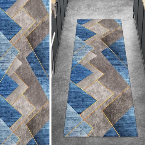 Ymural Teppichläufer Lang, rutschfest Meterware Blau Braun 110x180CM Patchwork Küche Teppich Läufer Flur Waschbar Kurzflor Polyester Korridor Schlafzimmer von Ymural