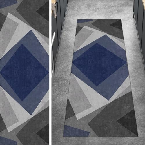 Ymural Teppichläufer Lang rutschfest Meterware Grau Blau 90x600CM Patchwork Küche Teppich Läufer Flur Waschbar Kurzflor Polyester Korridor Schlafzimmer von Ymural