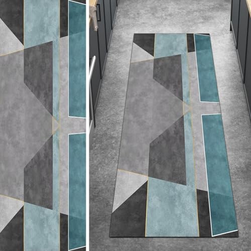 Ymural Teppichläufer Meterware rutschfest Grau Blau 100x180CM Patchwork Küche Teppich Läufer Flur Lang Waschbar Kurzflor Polyester Korridor Schlafzimmer von Ymural