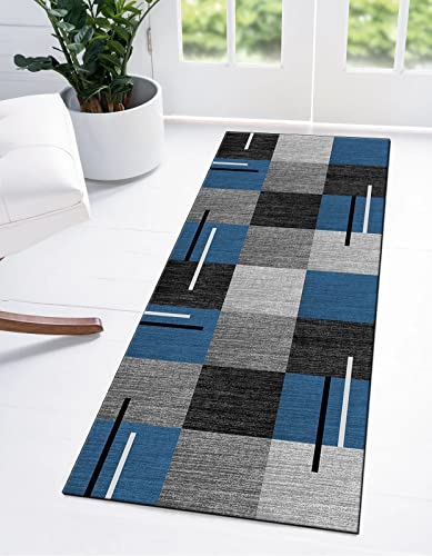 Ymural Teppichläufer Waschbar Meterware Küche Grau Blau Schwarz Tartan Gestreift 80x300CM Teppich Läufer Flur rutschfest Flurläufer Lang Polyester Küchenläufer für Korridor Schlafzimmer, Anpassbar von Ymural