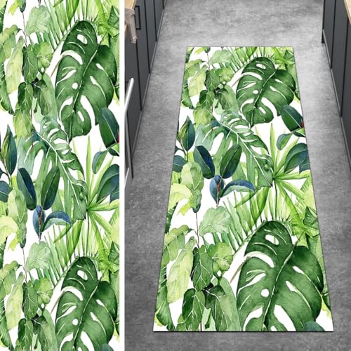 Ymural Teppichläufer rutschfest, Meterware Lang Grün 110x600CM Blattmuster Küche Teppich Läufer Flur Waschbar Kurzflor Polyester Korridor Schlafzimmer von Ymural