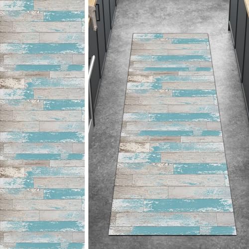 Ymural Teppichläufer rutschfest Meterware Lang, Blau Grau 100x550CM Holzmuster Küche Teppich Läufer Flur Waschbar Kurzflor Polyester Korridor Schlafzimmer von Ymural