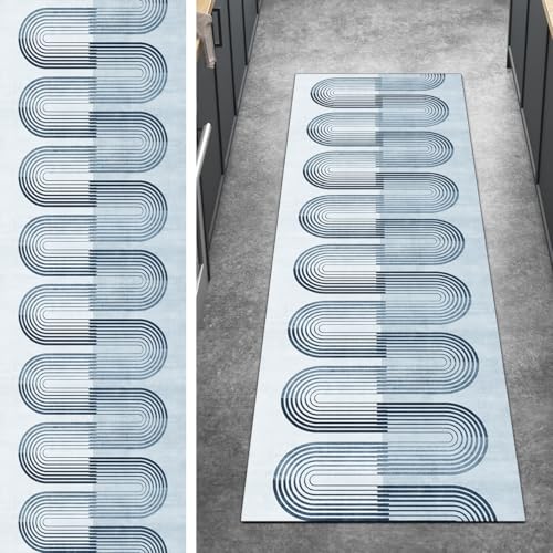 Ymural Teppichläufer rutschfest Meterware Teppich Läufer Flur 70x330CM Blau Modern Küchenteppich Lang Waschbar Kurzflor Polyester Korridor Schlafzimmer Anpassbar von Ymural