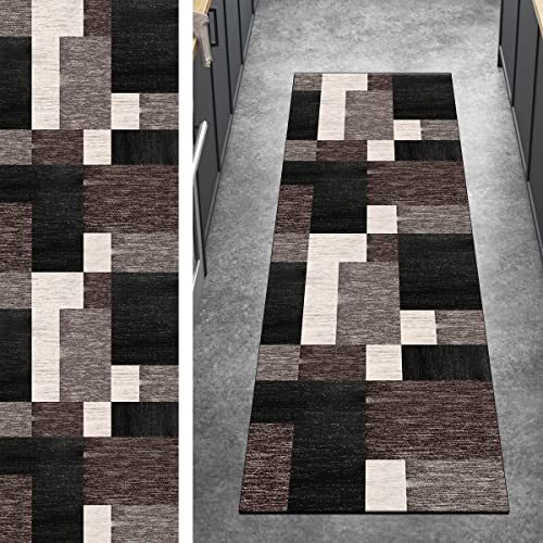 Ymural Teppichmatten Teppich Läufer Flur Lang Patchwork 90x200CM Schwarz Braun Kücheläufer rutschfest Meterware Teppichläufer Waschbar Kurzflor Polyester Korridor, Breite 40-120cm von Ymural