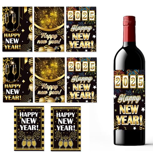 Ymxil 8Stk Silvester Deko 2025 Flaschenetiketten, Happy New Year Deko 2025 Wasser Champagn Flaschen Umschlag Stickers, Neujahr Geschenk Mitbringsel Weinflaschen Flaschenetikett wasserdichte von Ymxil