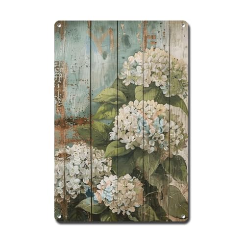 Ymyoo Metallschild Blechschild Vintage Shabby Chic Hortensien Blechschild für Vintage rustikale Heimdekoration und abgenutzte Holzplatten mit wetterbeständiger Oberfläche, Gewächshaus-Dekor für Club von Ymyoo