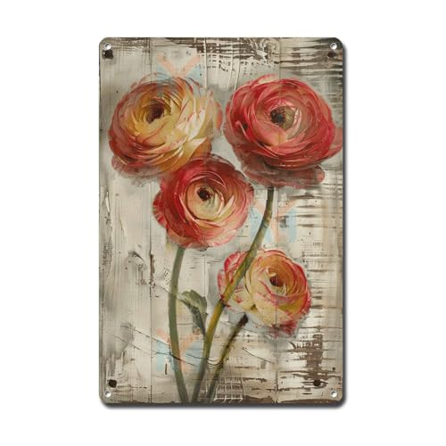 Ymyoo Metallschild Blechschild Vintage Wandkunst Vintage Geraffte Ranunkeln Blechschild für Shabby-Chic-Innenräume Rustikale Eleganz und Korrosionsbeständigkeit Metall-Gartenschilder für Restaurant von Ymyoo