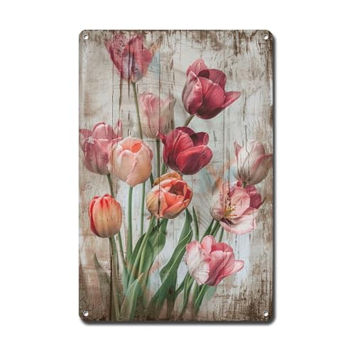 Ymyoo Metallschild Blechschild Vintage Wandkunst Vintage Tulpen Blechschild für rustikale Wandkunst Shabby Chic Innenräume und korrosionsbeständiges Aluminium-Garten-Blechschild für Restaurant 15,2 x von Ymyoo