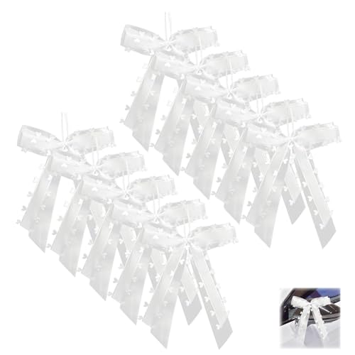 Antennenschleifen Autoschleifen Autoschmuck Dekoration, 10 Stück Weiß mit Herzen Schleifen für Hochzeitsdeko Autoschmuck Antennenschleifen Hochzeit Party Geburtstag Geschenverpackung von Ynkkvre
