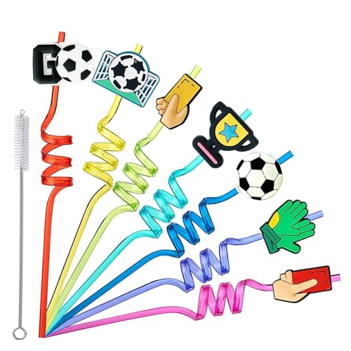 14 Stück Fußball kinder strohhalme mit 2 Reinigungsbürsten, Wiederverwendbare Plastik Strohhalme Lockige Party Trinkhalme, Kindergeburtstag Deko Partybedarf, Fußball-Thema Dekorationen von Yoaeyok