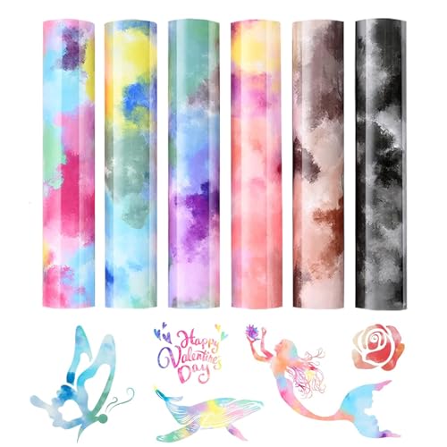 6 Stück Tie Dye Plotterfolie Textil Heat Transfer Vinyl, Fexfolie Plotter Textil Bügelfolie Regenbogen Vinylfolie für DIY-Projekte, 30.5 cm x 25 cm von Yoaeyok