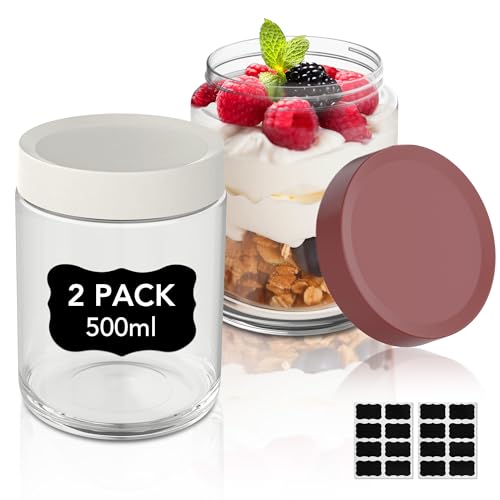 Yoassi Einmachgläser mit Schraubdeckel 500ml, 2er Set Overnight Oats Gläser für Joghurt, Salat, Müsli, Marmelade, Wiederverwendbare Vorratsgläser Glasbehälter mit Deckel Als Mason Jar (Rot-Weiß) von Yoassi