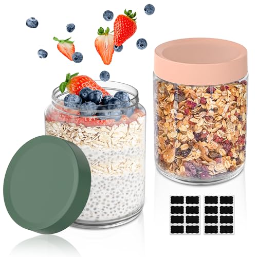 Yoassi Einmachgläser mit Schraubdeckel 500ml, 2er Set Overnight Oats Gläser für Joghurt, Salat, Müsli, Marmelade, Wiederverwendbare Vorratsgläser Glasbehälter mit Deckel Als Mason Jar von Yoassi
