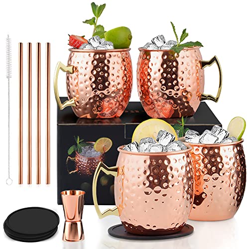 Yoassi Moscow Mule Becher, 4er Set Kupferbecher Mug Kupfer ink. 4 x Silkon Untersetzer, 4 x Strohhalme, 1 x Shotglas, 1 x Strohbürste Cocktailgläser Geschenk für Bar, Party, Hausparty von Yoassi