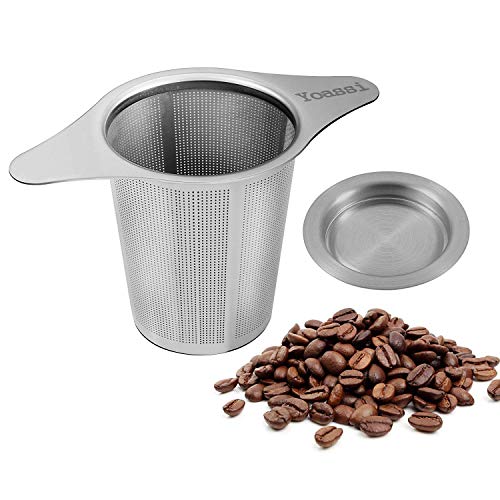 Yoassi Kaffeefilter Edelstahl Dauerfilter Wiederverwendbar Handfilter Teesieb für Tasse mit Doppel-Griff und Abtropfschale/Deckel für Kanne/Teekanne/Kaffeekanne/Töpfe von Yoassi