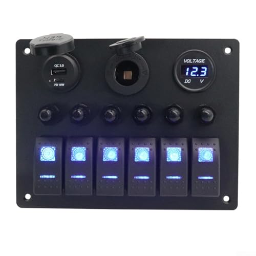 6-Wege-Kippschalter-Panel 3-in-1 mit Voltmeter-LED-Anzeige und 18 W Schnellladung für 12-24 V RV Yacht Auto Bus von YobiLife