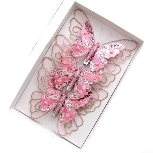 Doppelschichtige glitzernde Schmetterlings-Ornamente 3er oder 6er Set für Weihnachtsbaumschmuck, leichtes Kunststoffmaterial für mühelose Platzierung (Rosa) von YobiLife